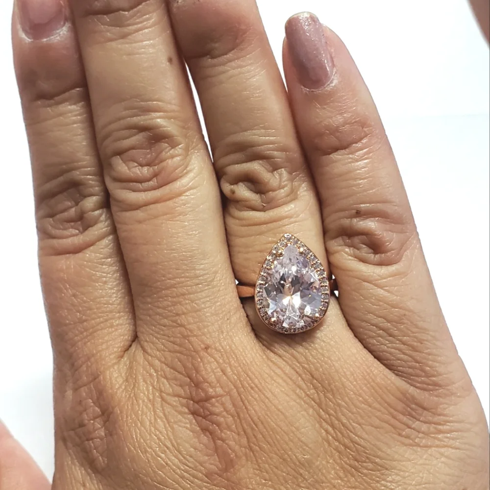 Sparkling 6ct White Zircon Halo 14k Rose Gold Ring
